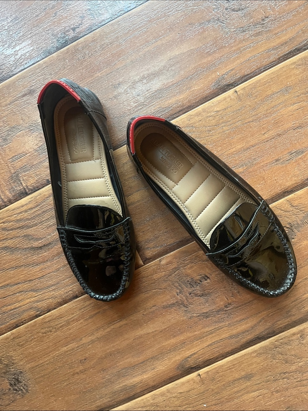 Adam Tucker Black Patent Loafers with Red Heel Accent